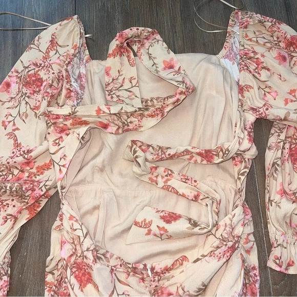 Coquette Boho Cottagecore Dress Cut Out Pink Floral  Dress Puff Sleeves L - Picture 10 of 14